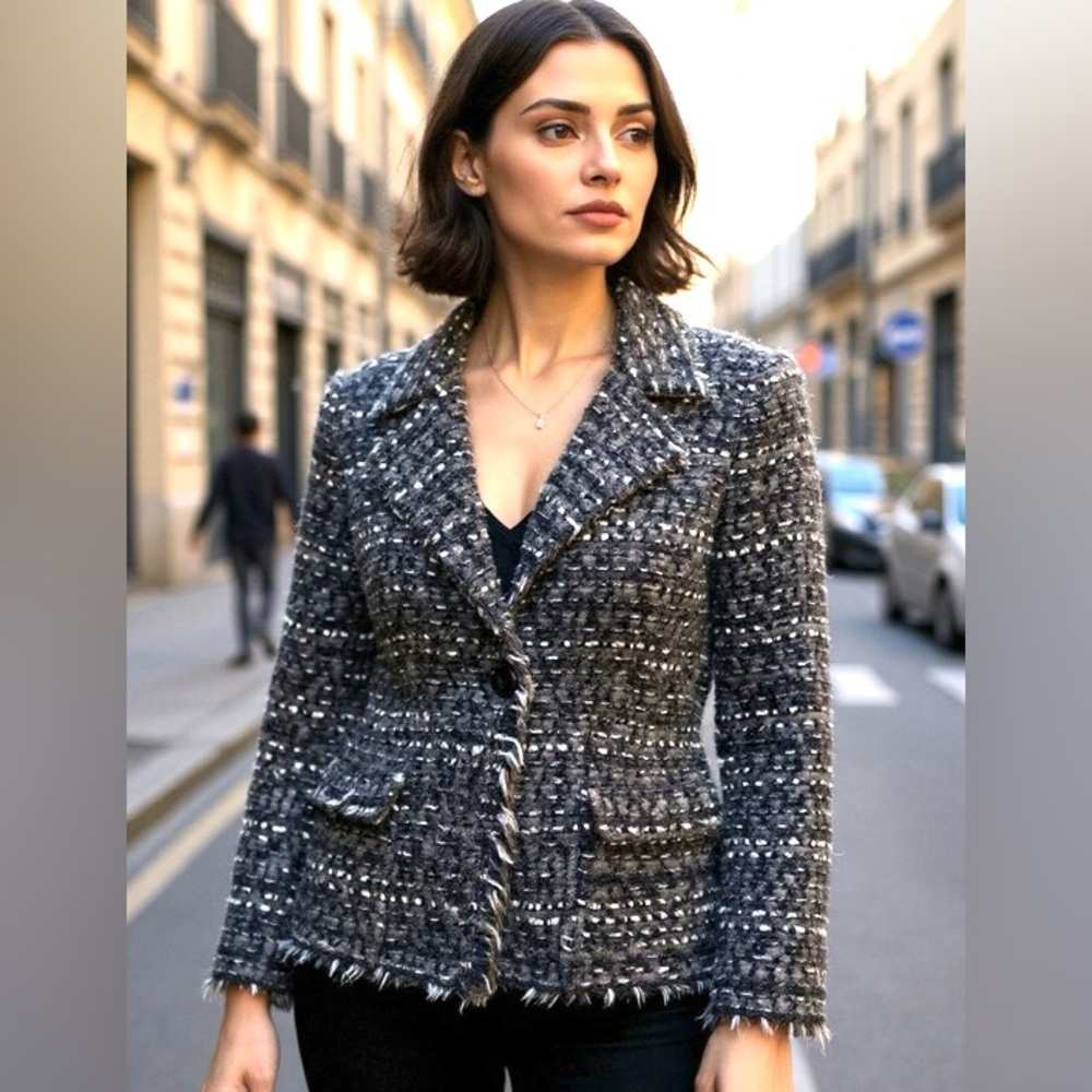 Womens Gray Tweed Jacket - Classic Tailored Coat